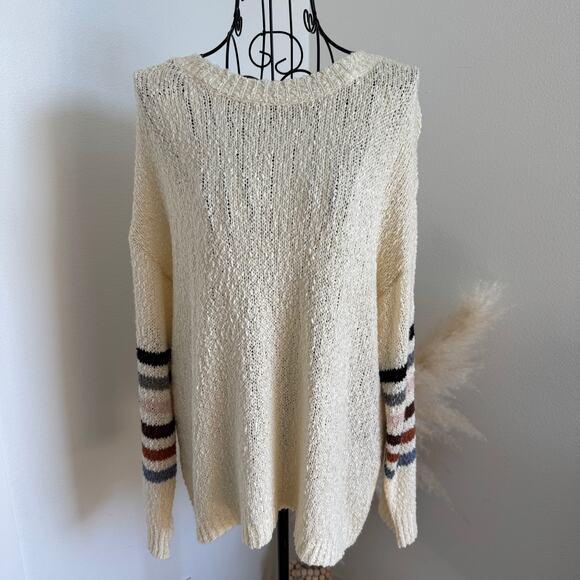 Altar'd State Round Neck Pullover Sweater Stripe Sleeves Cream Small-Preppy - Picture 1 of 9